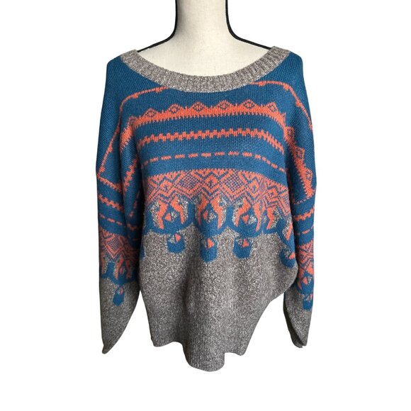 Monroe & Main Vickie Sweater Aztec Fair Isle Pullover Teal Orange Gray Size XL - Picture 2 of 6